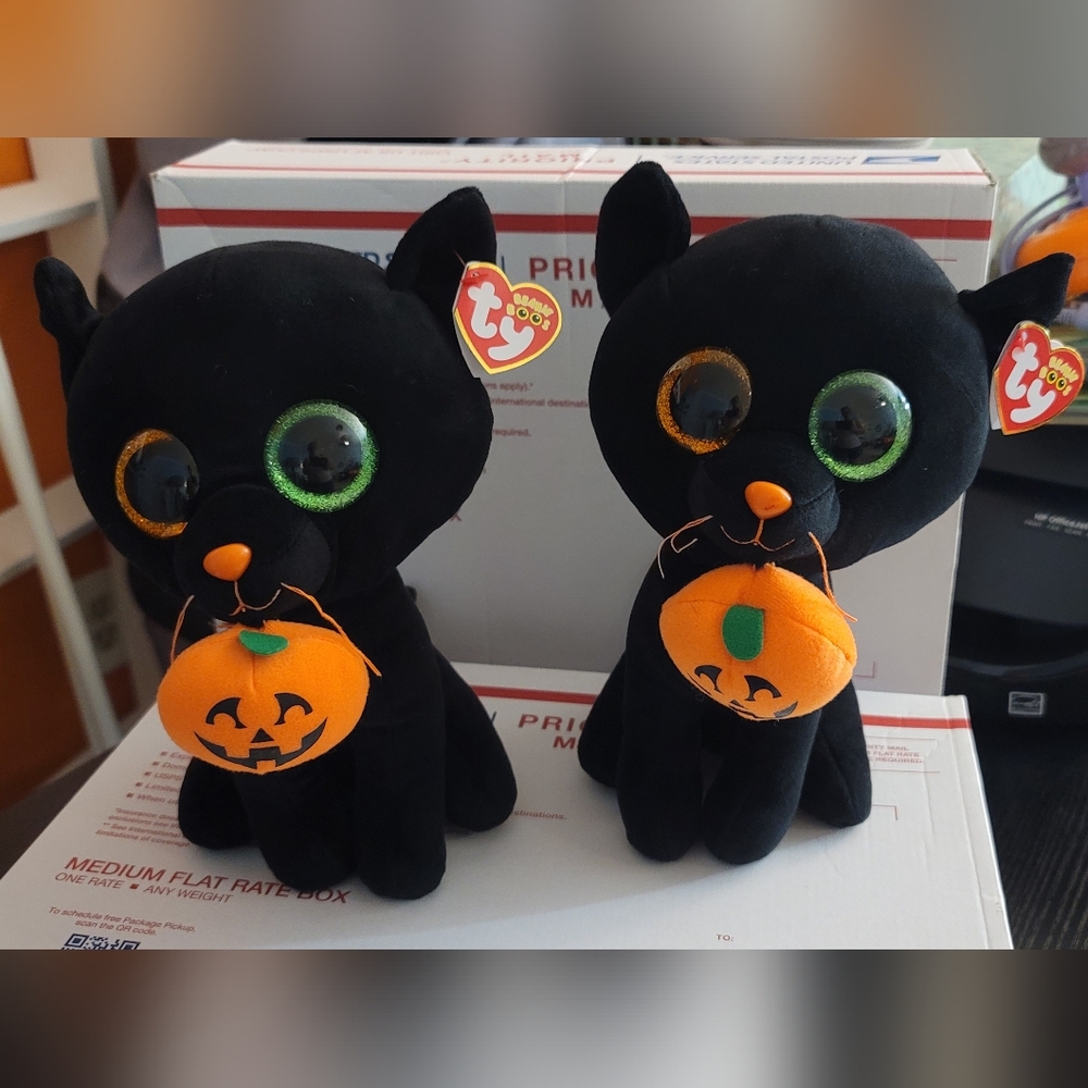 TY Beanie baby Boo large 9” Shadow the Halloween black cat plush pumpkin 2 cats